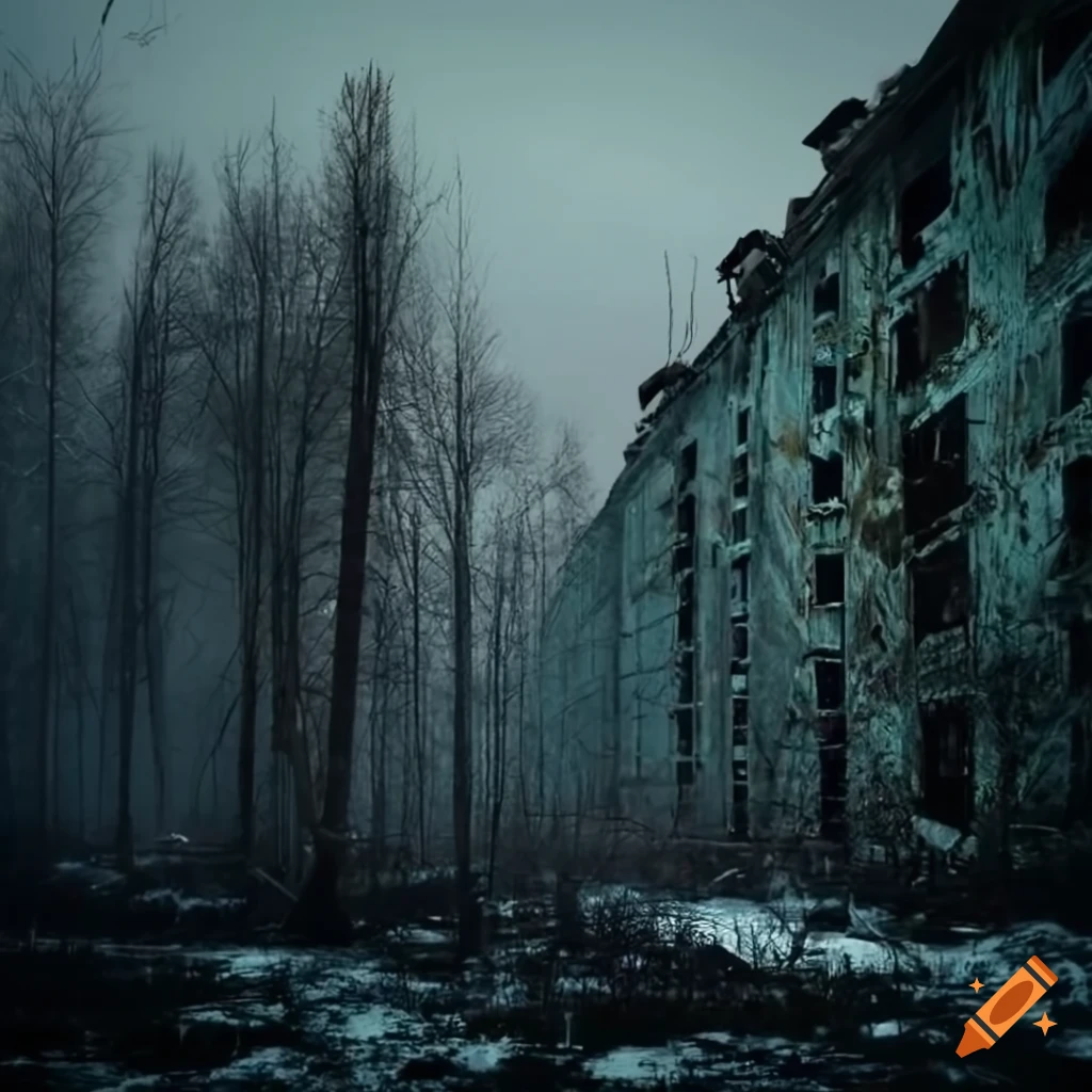 Snowy winter environment in Pripyat, Ukraine showcasing abandoned structures and industrial areas
