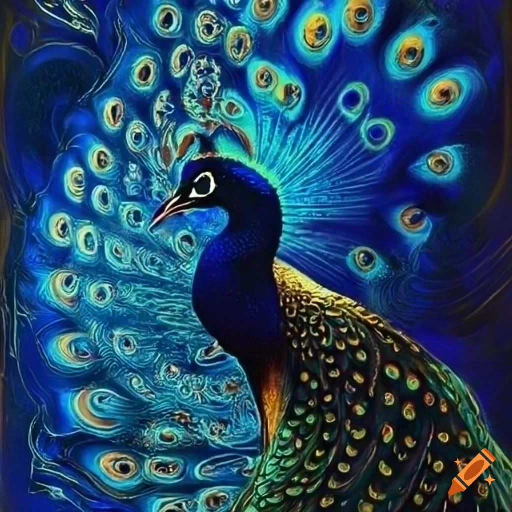 Dark blue metallic peacock with gold elements in spiritual expressionism style
