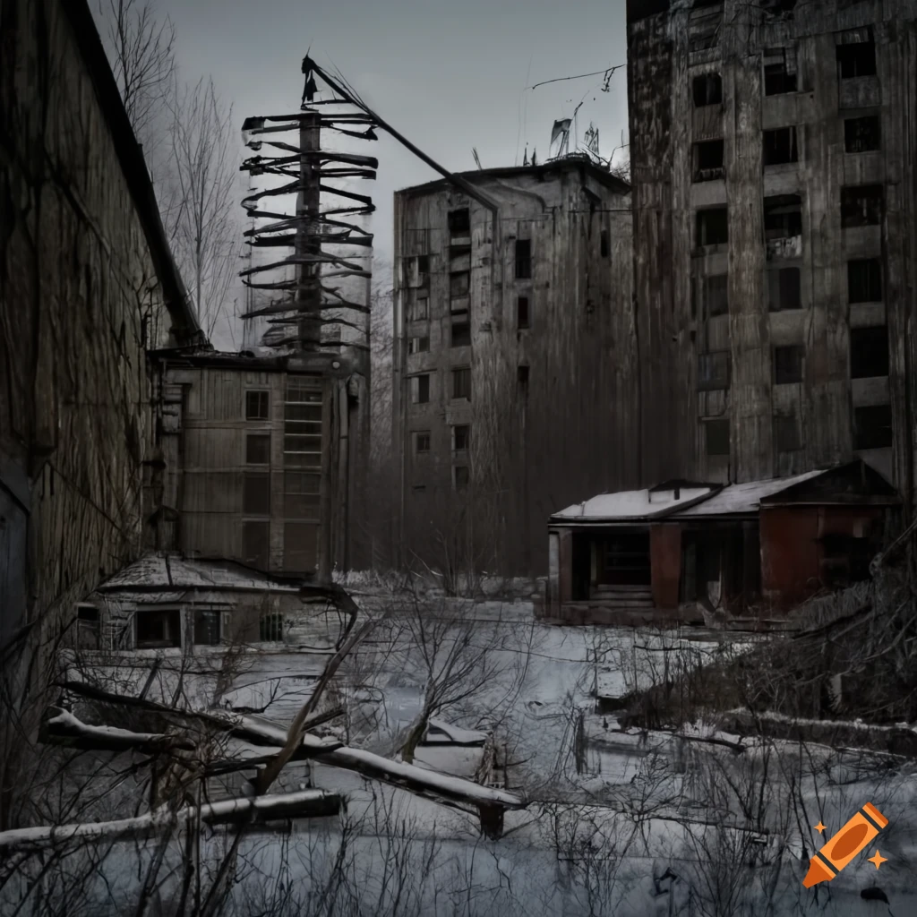 Snowy winter scene in Pripyat, Ukraine with abandoned buildings and industrial areas
