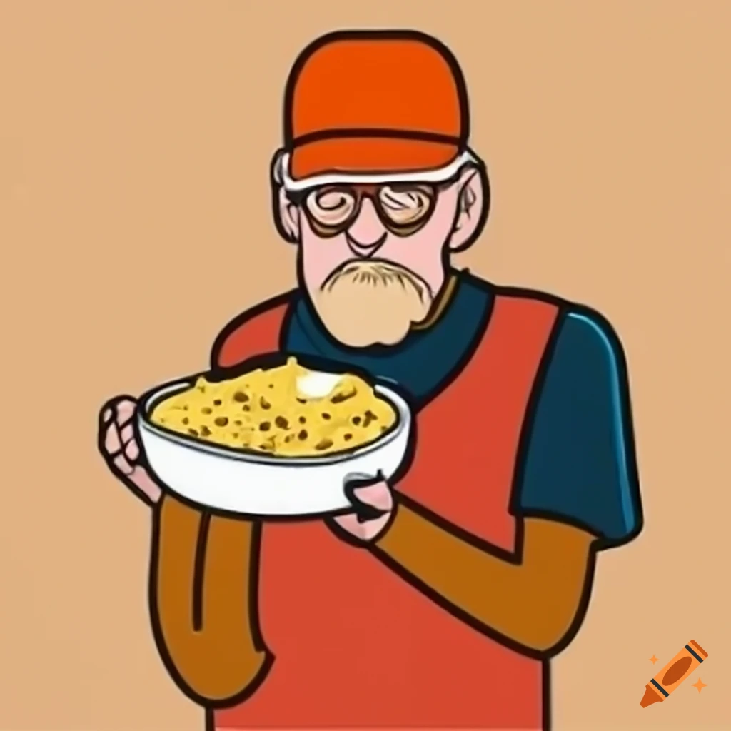 Middle-aged man with orange cap holding a bowl of mac and cheese