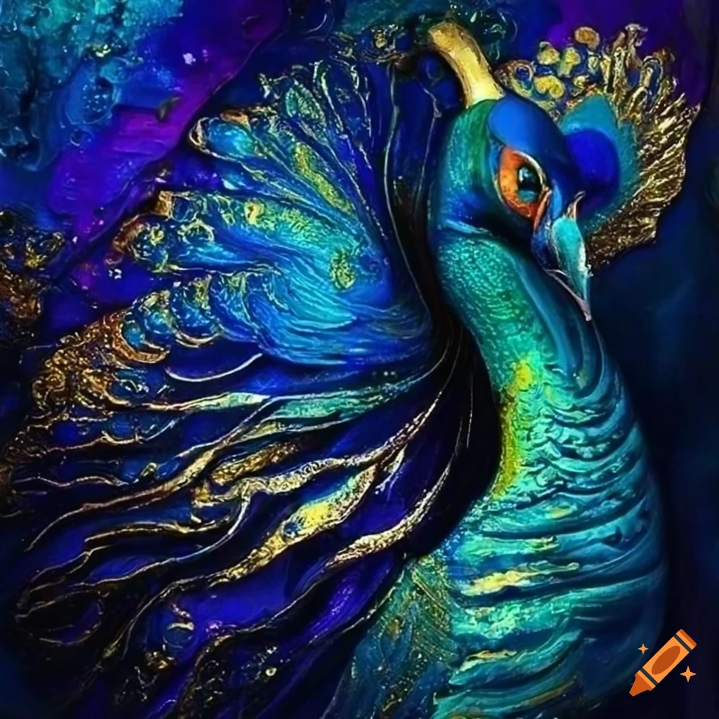Dark blue metallic peacock with gold elements in a spiritual expressionism style