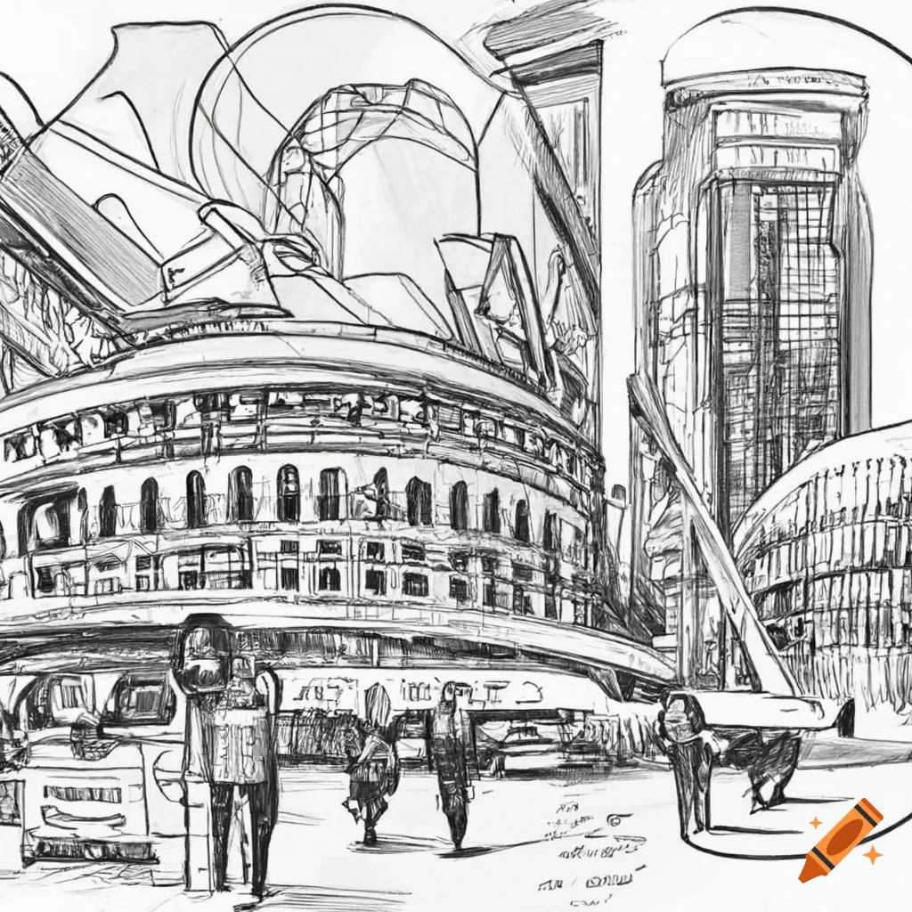 Illustrations of future technologies and economic changes in 50 years drawn with pencil