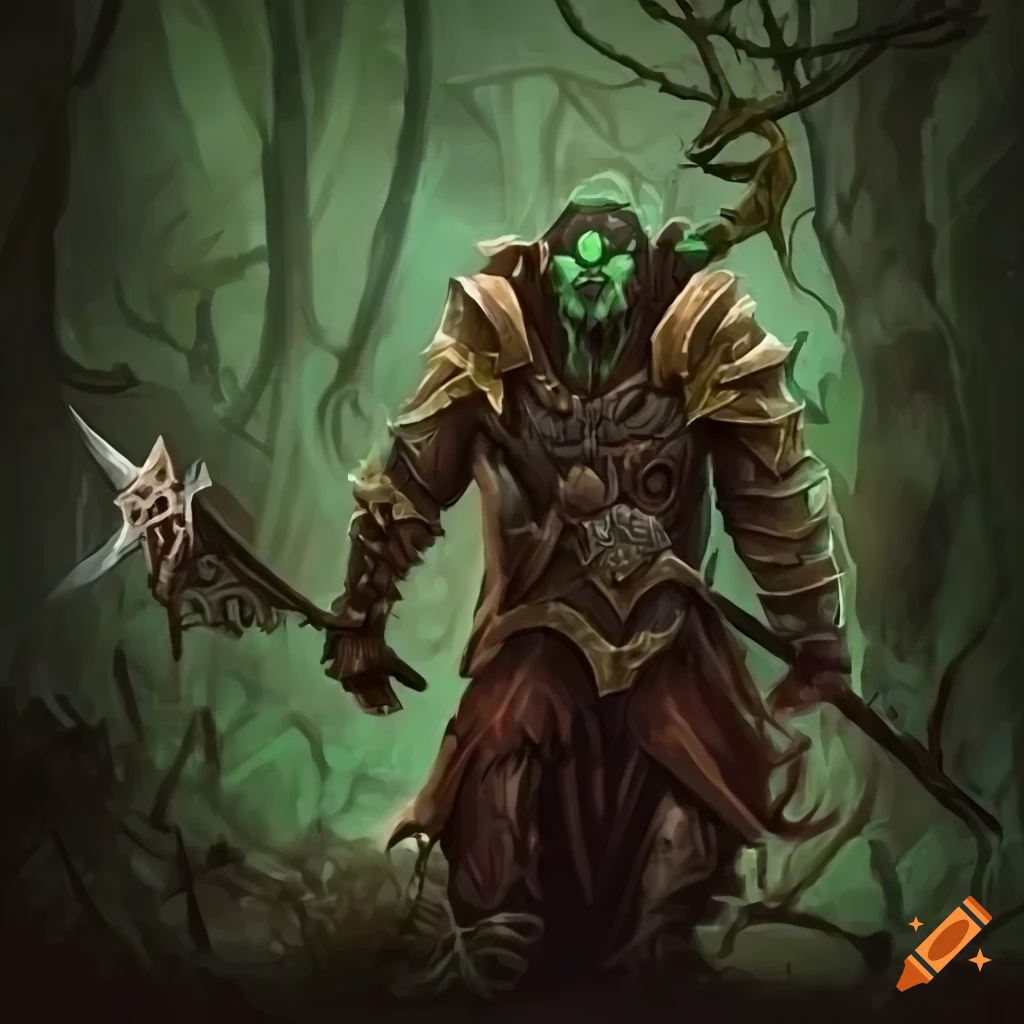 Warforged druid with a hunting theme wielding a spear