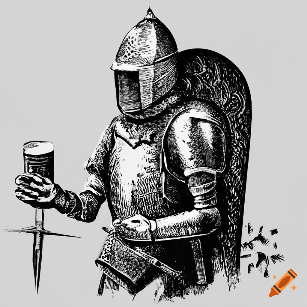 Funny engraving of a knight enjoying a can of beer