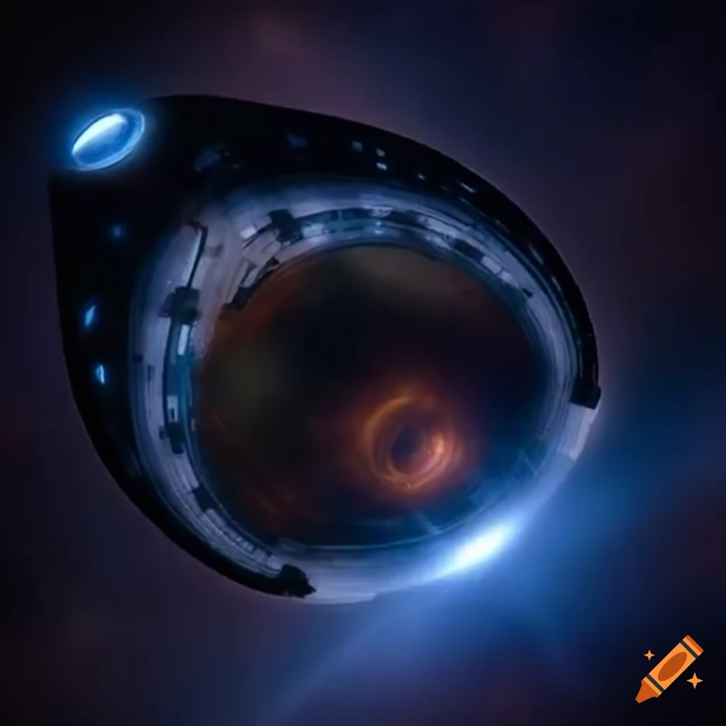 Starship with crescent saucer navigating dark wormhole using golden teacher mushrooms for warp speed in Star Trek Discovery
