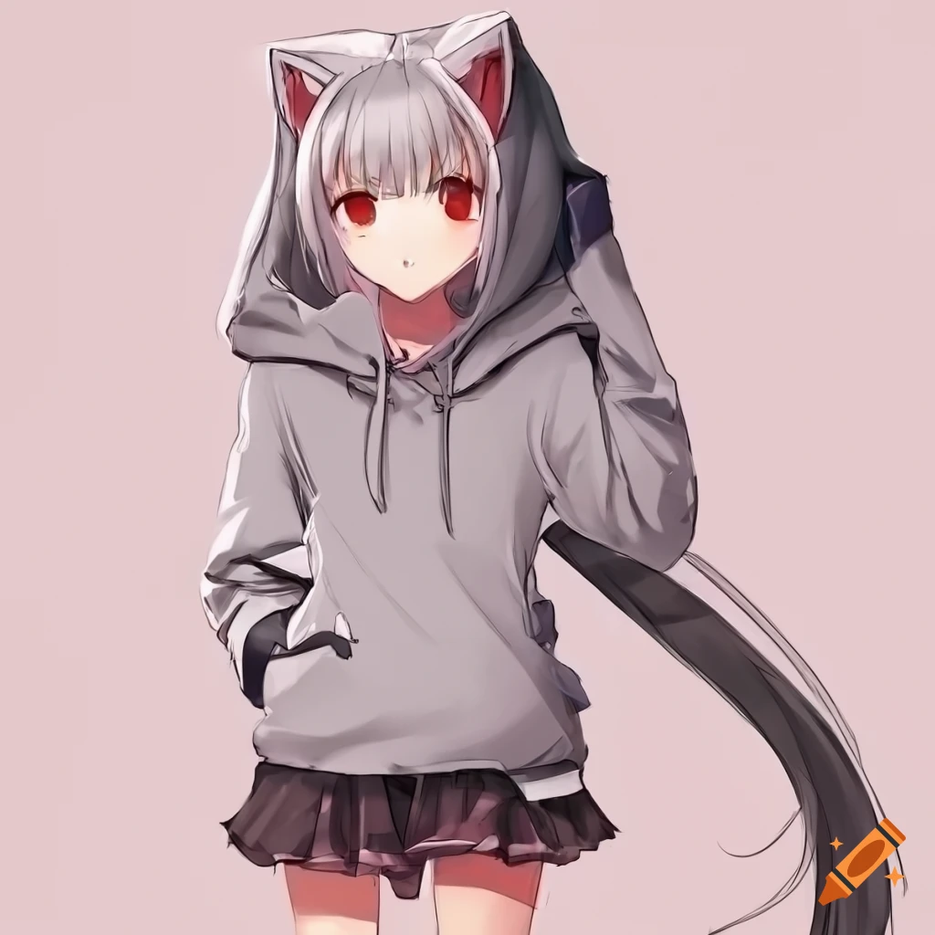 Anime style character design with hoodie, cat ears, silver hair, and red eyes