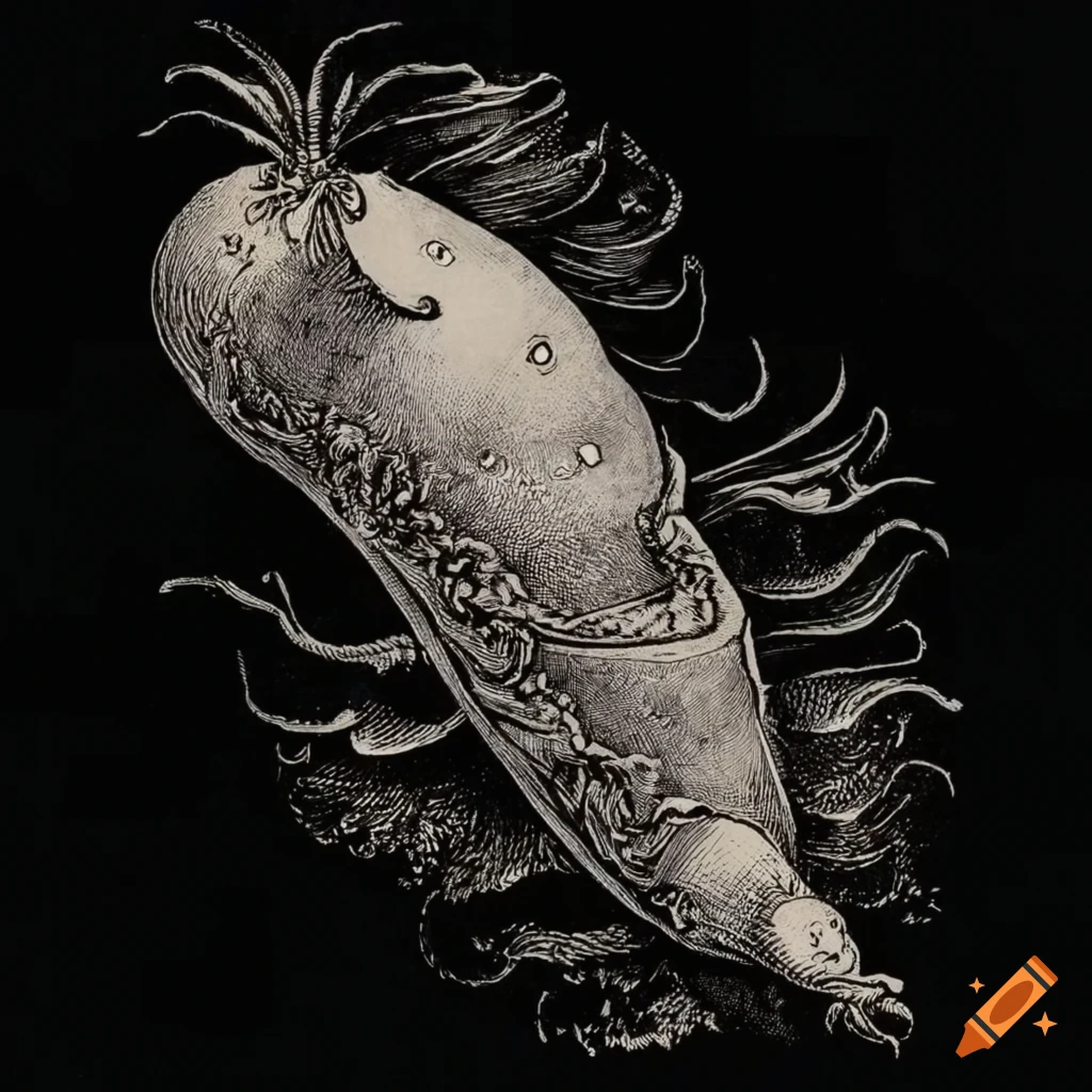 Sea slugs flying in the sky in 15th century Albrecht Durer style