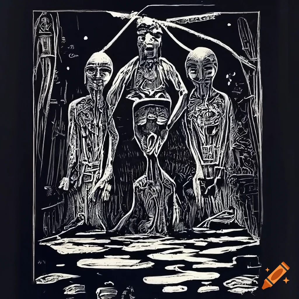 Lino print of men surrounded by strange objects in a surreal alien landscape