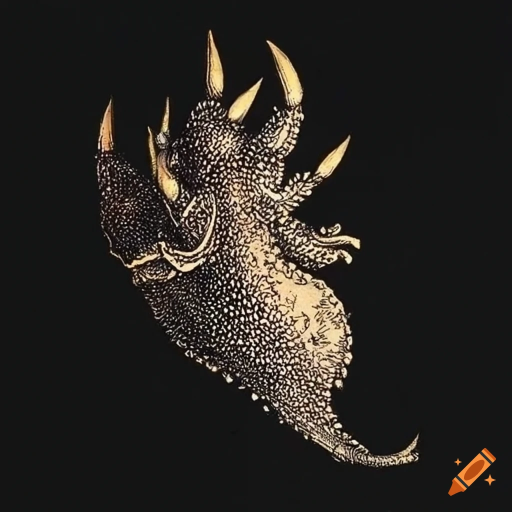 Fantastical engraving of flying sea slugs in an artistic style