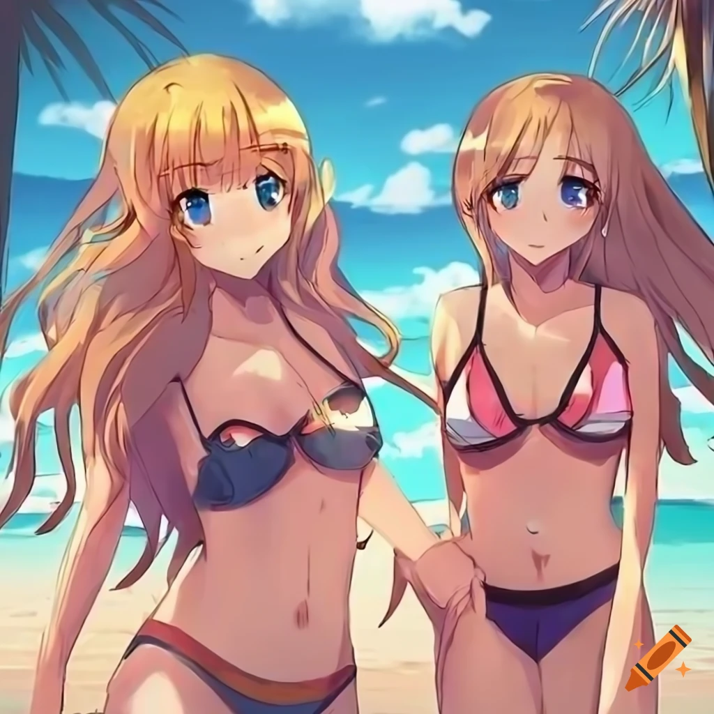 Girls at the beach with an anime art style