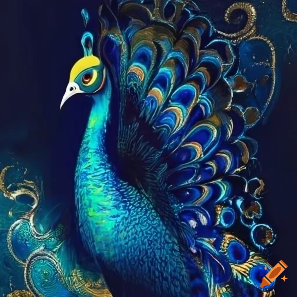 Dark blue metallic peacock with gold elements in spiritual expressionism style