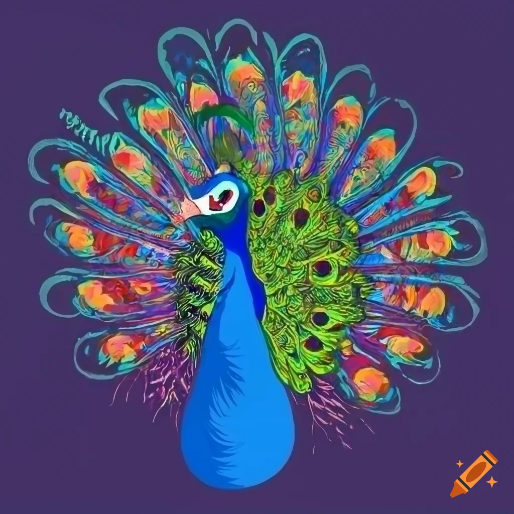 Peacock illustration in woodcut style with halftoning colored shapes