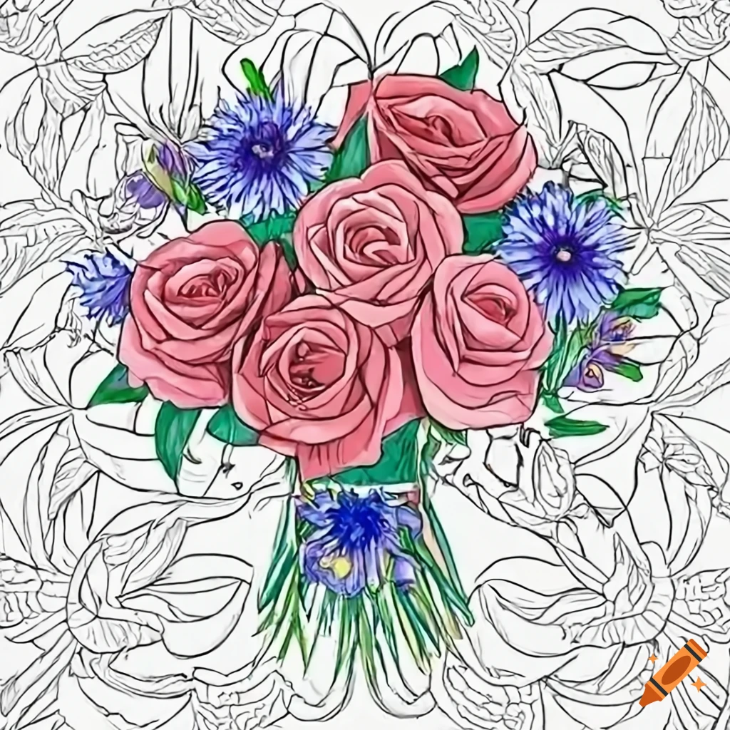 Coloring page of a bouquet with roses and cornflower