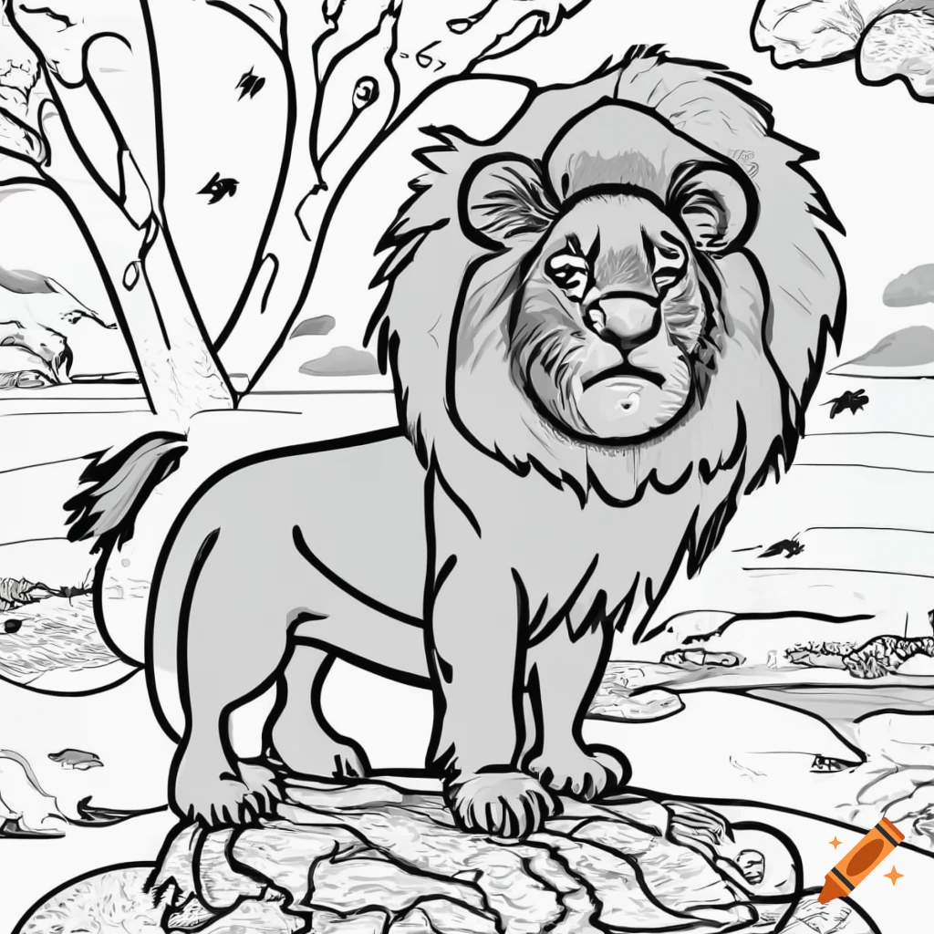 Cartoon-style coloring page of an African lion on a savanna landscape