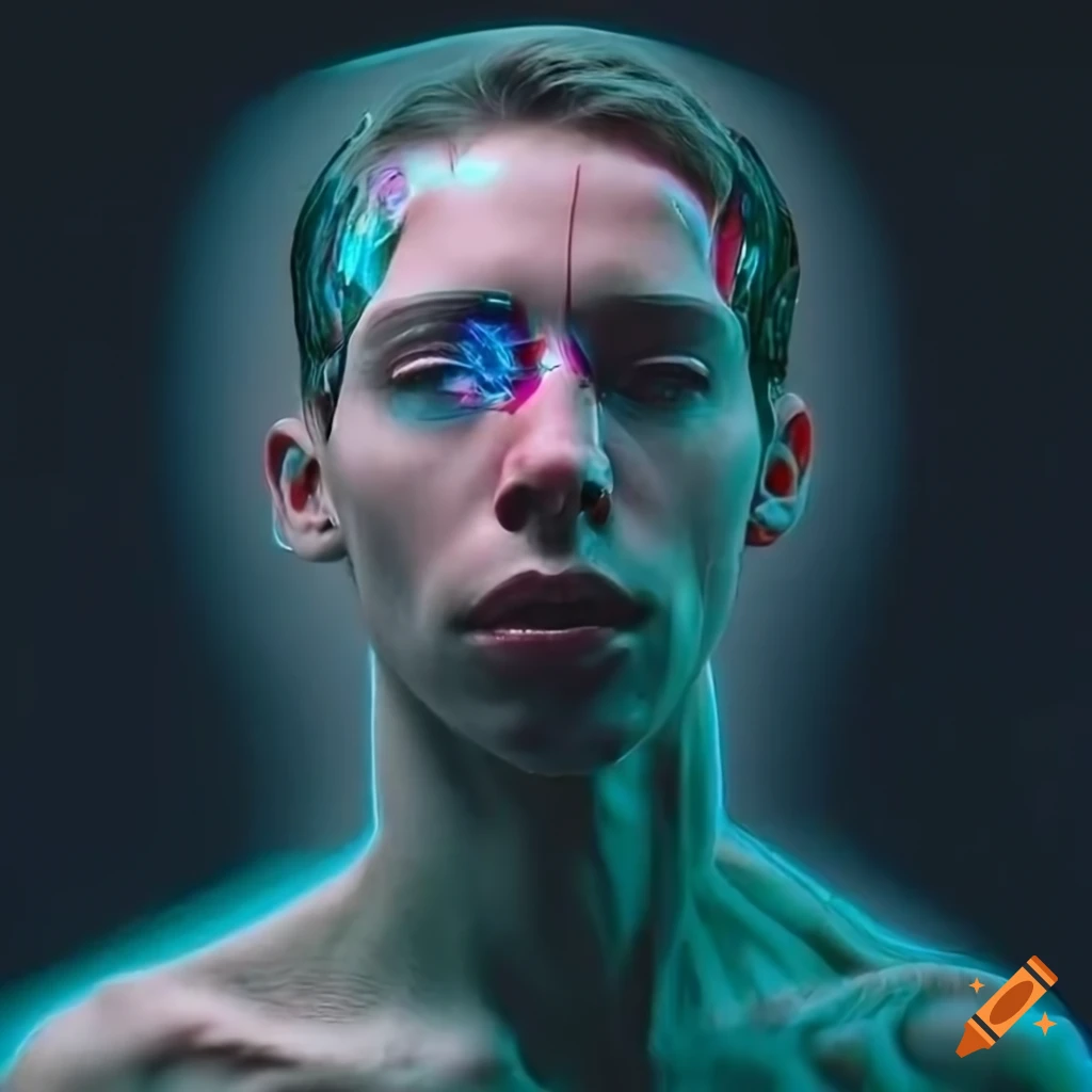 Hyperrealist depiction of a skinny 40-year old male time traveler cyborg in futuristic transparent streetwear