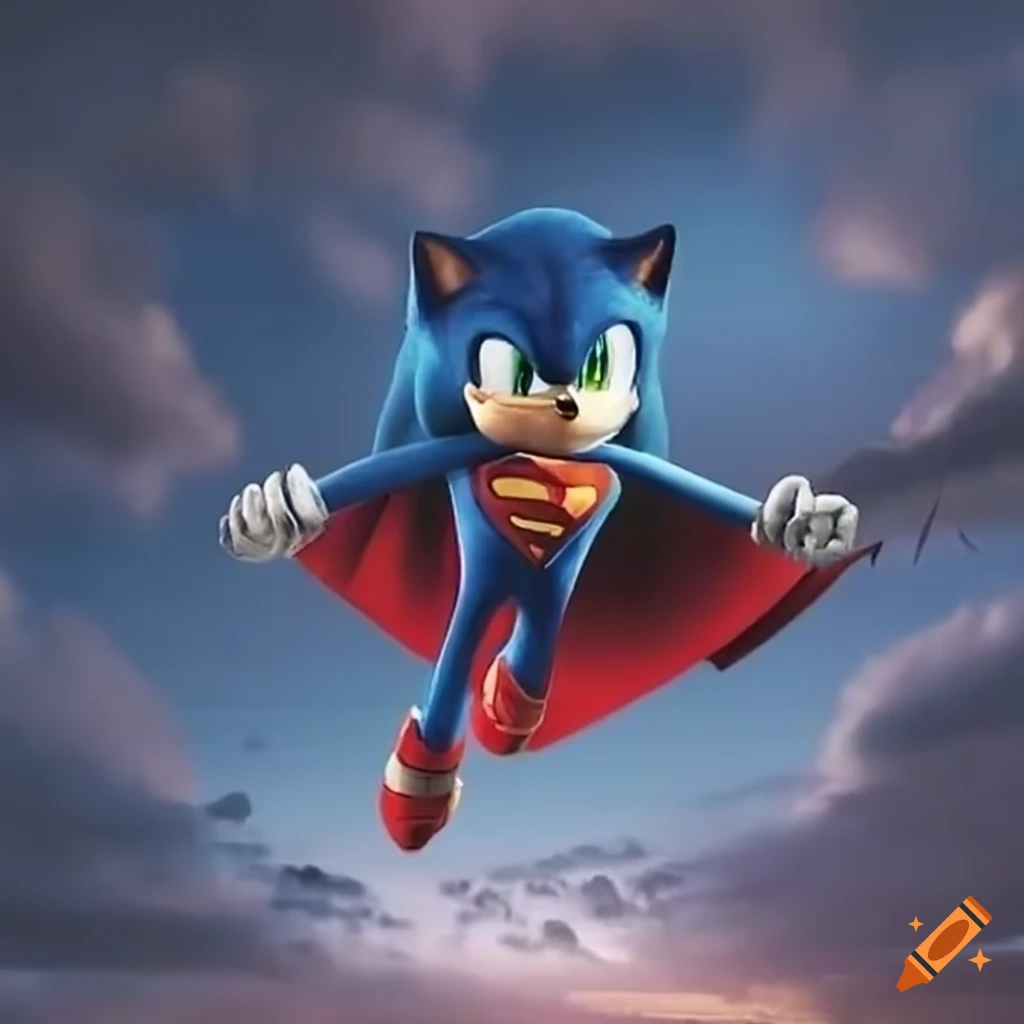 Superman and Sonic the Hedgehog flying through the sky in an epic scene