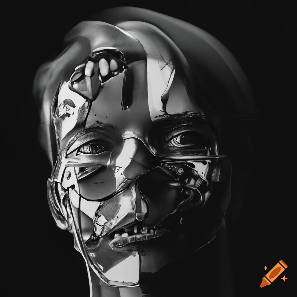 Male cyborg in 1980s style with transparent acrylic dress shirt