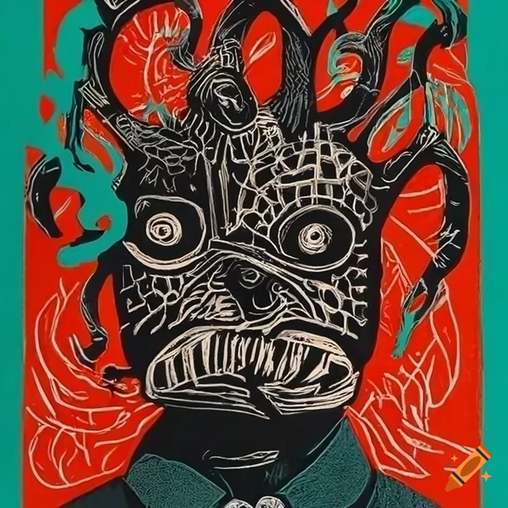 A lino print depicting men surrounded by strange objects in a surreal factory