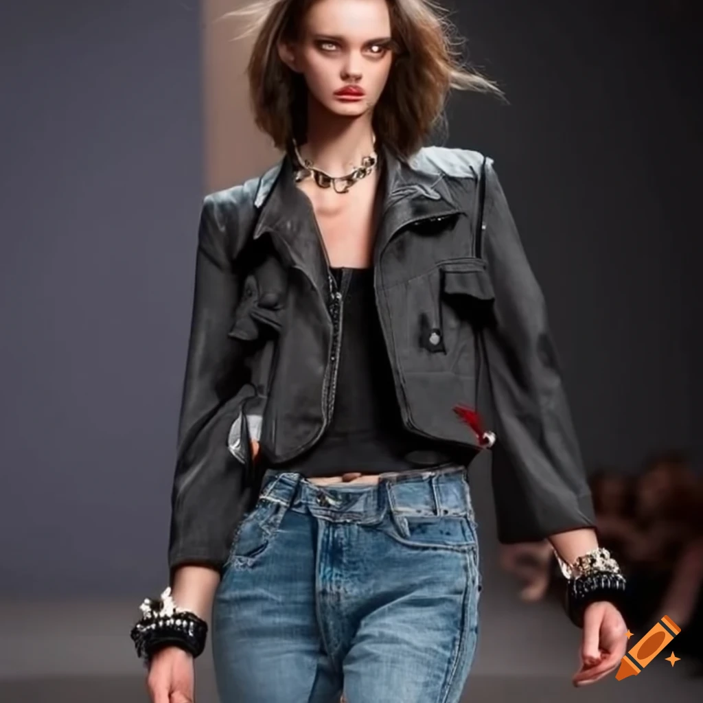Model on catwalk wearing low-rise jeans and black jacket with boots and bracelets
