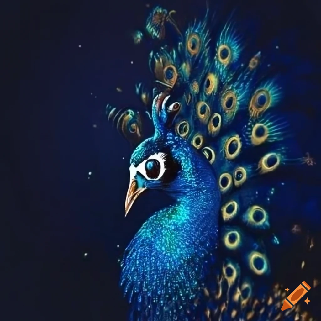 Dark blue metallic peacock with gold elements in spiritual expressionism style