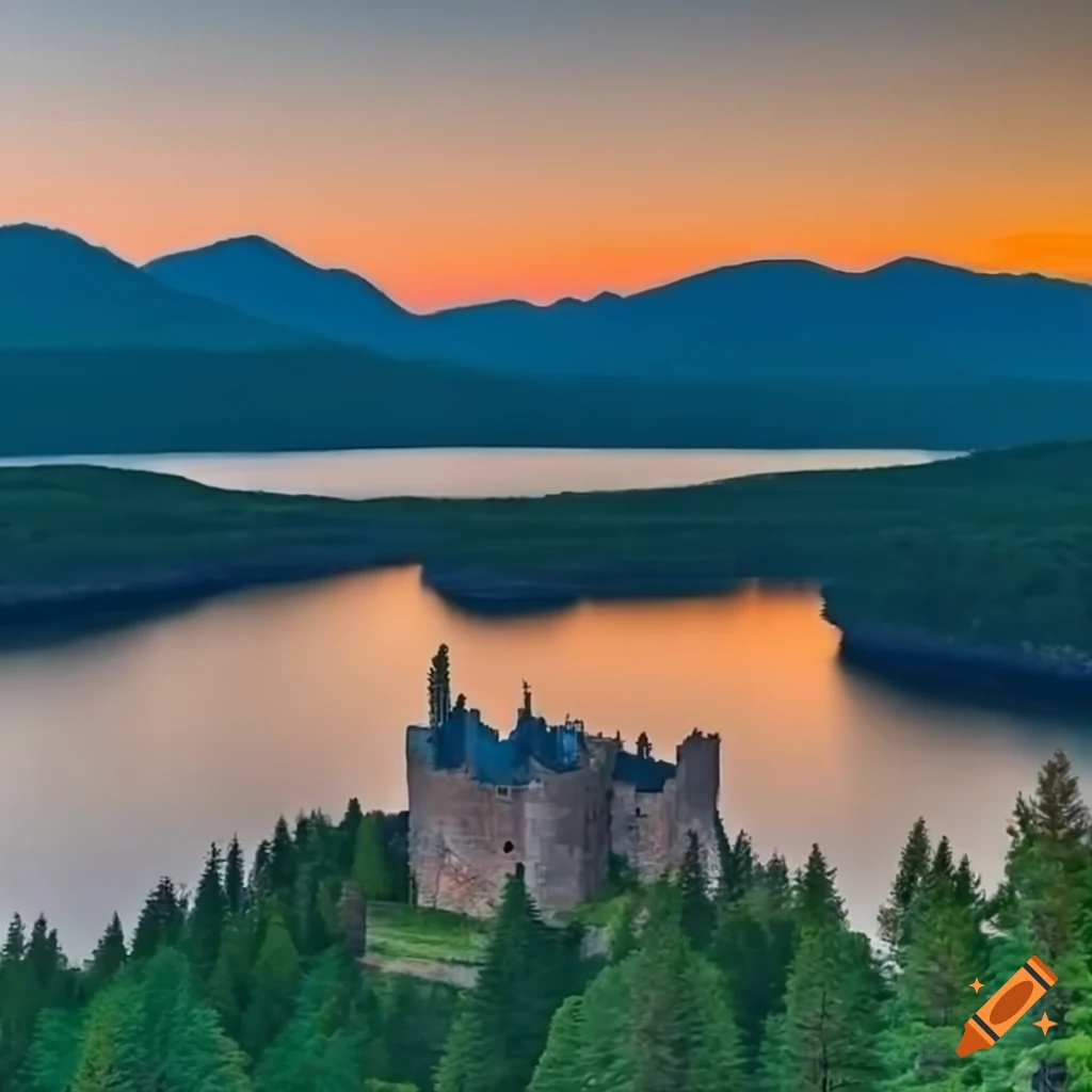 Castle at sunset with pine trees, mountains, and a loch