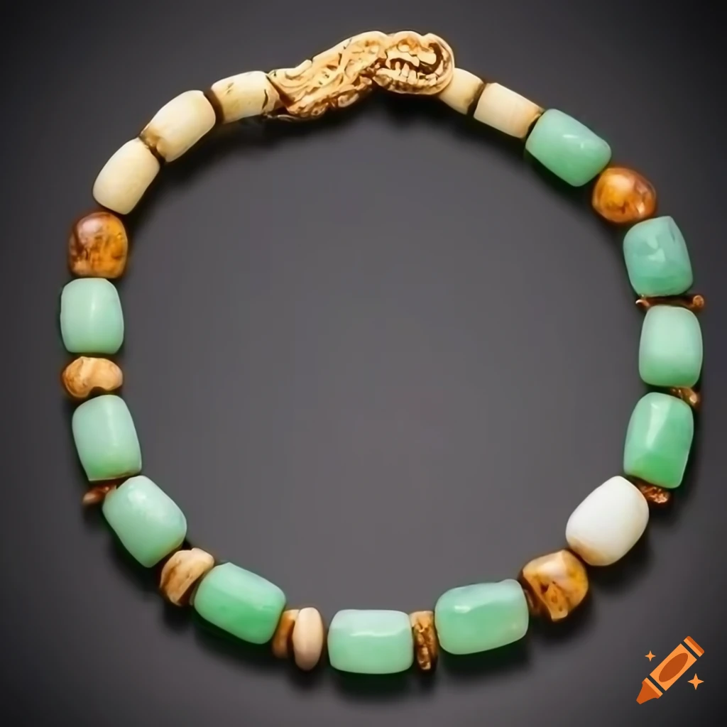 Intricately crafted prehistoric necklace on wooden surface