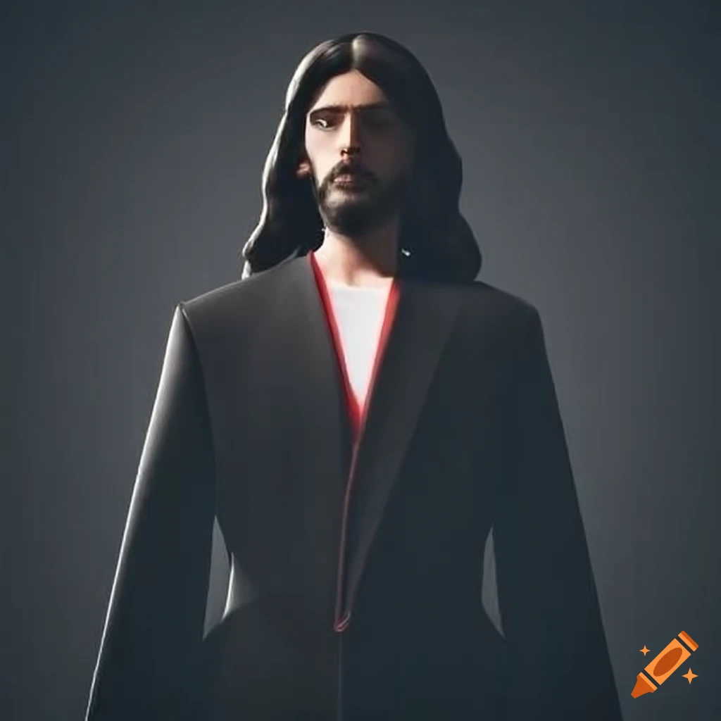 Jesus in a black suit with a red neck tie