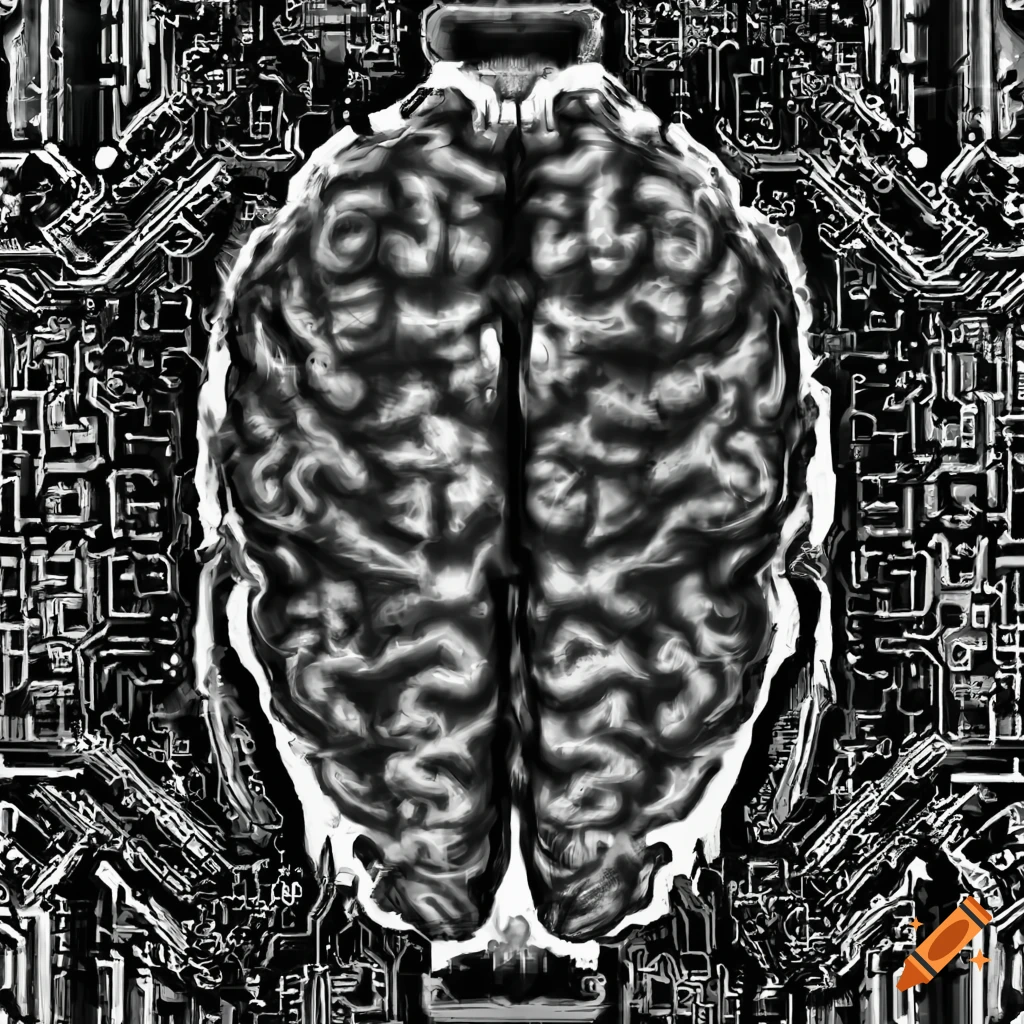 Illustration of a brain circuit board in a black and white sci-fi style ...