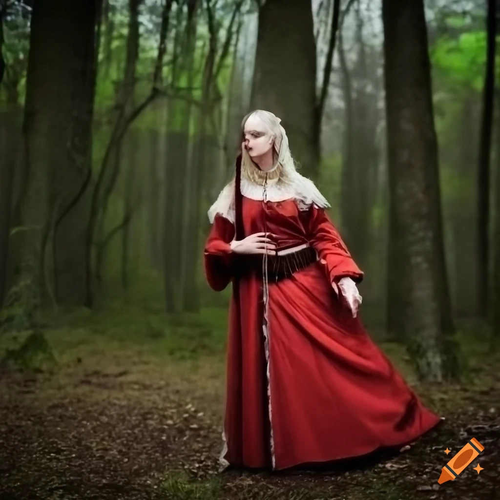 Minstrel playing a lyre in a forest clearing in medieval attire