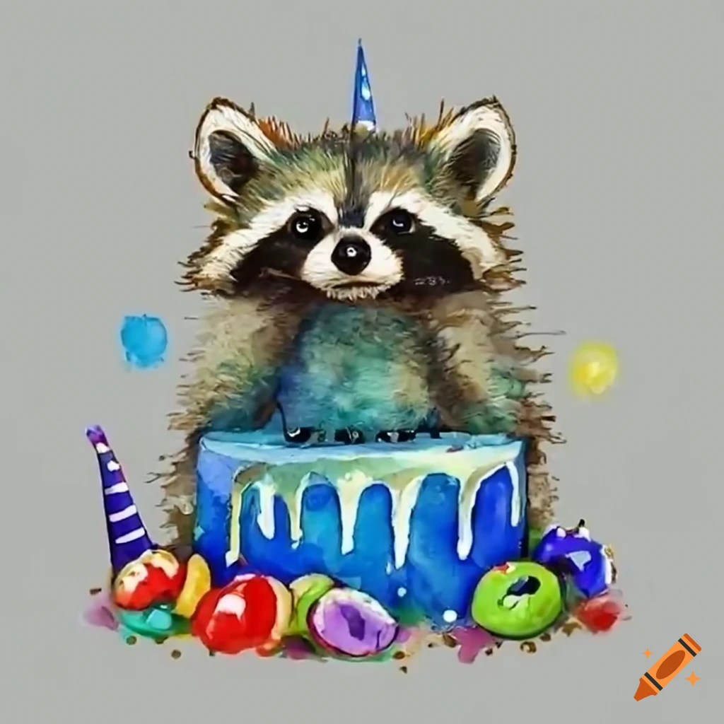 Adorable baby raccoon with colorful birthday cake