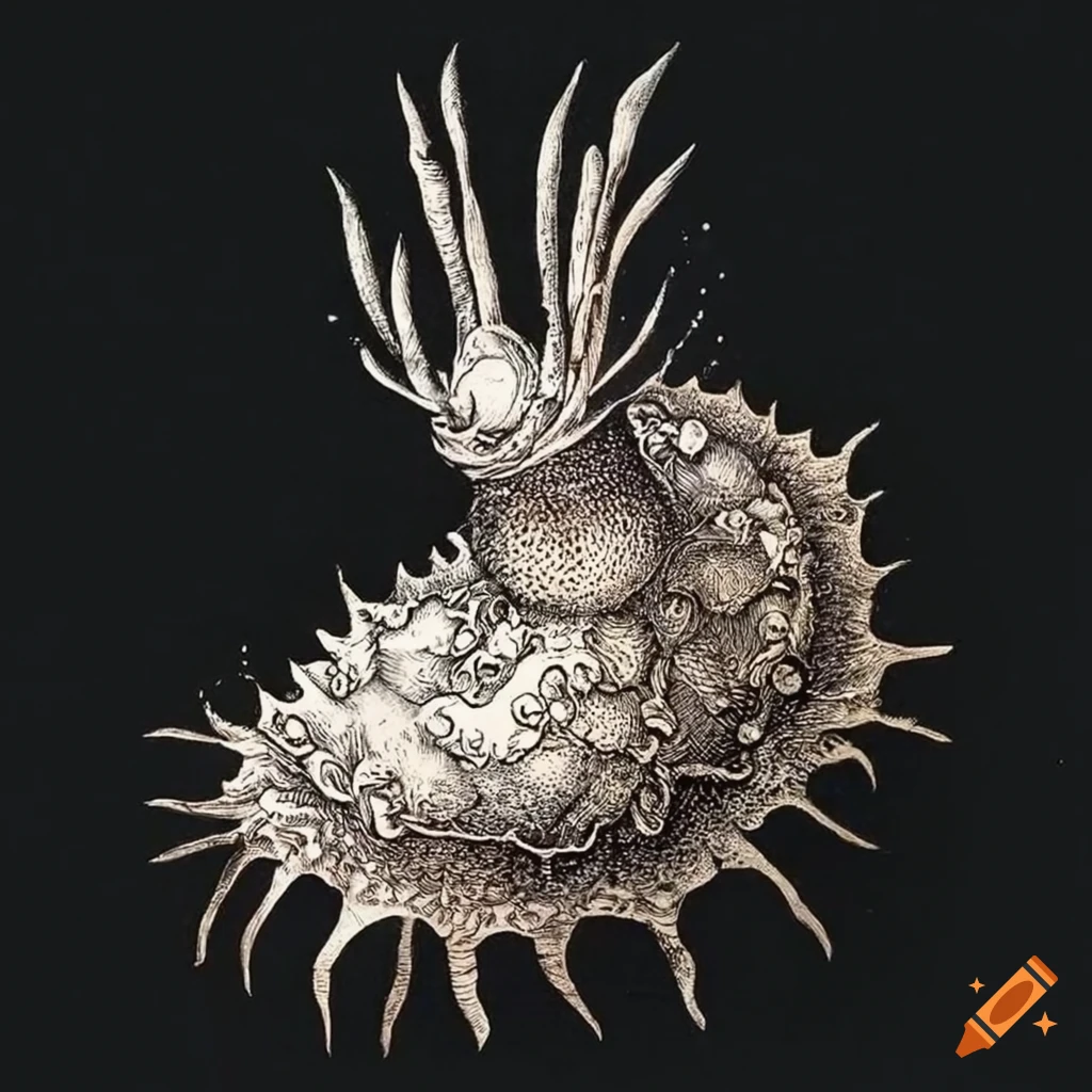 Fantastical engraving of flying sea slugs in an artistic style