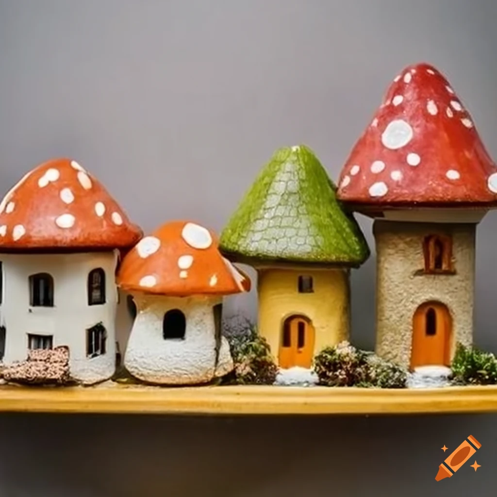 Store shelf filled with miniature mushroom houses