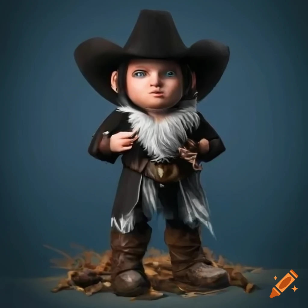 Young male gnome in black robe with cowboy hat