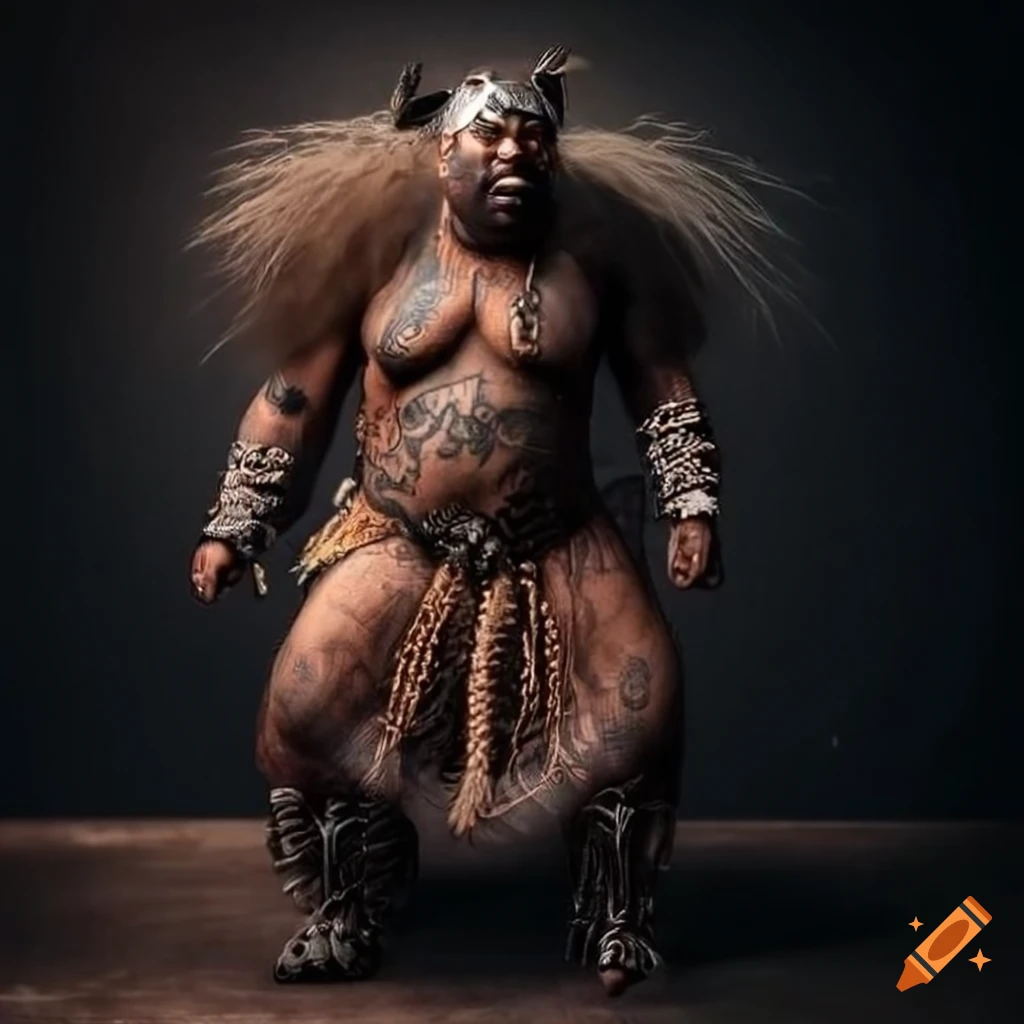 African-inspired barbarian character in pelts and tattoos standing defiantly in the rain