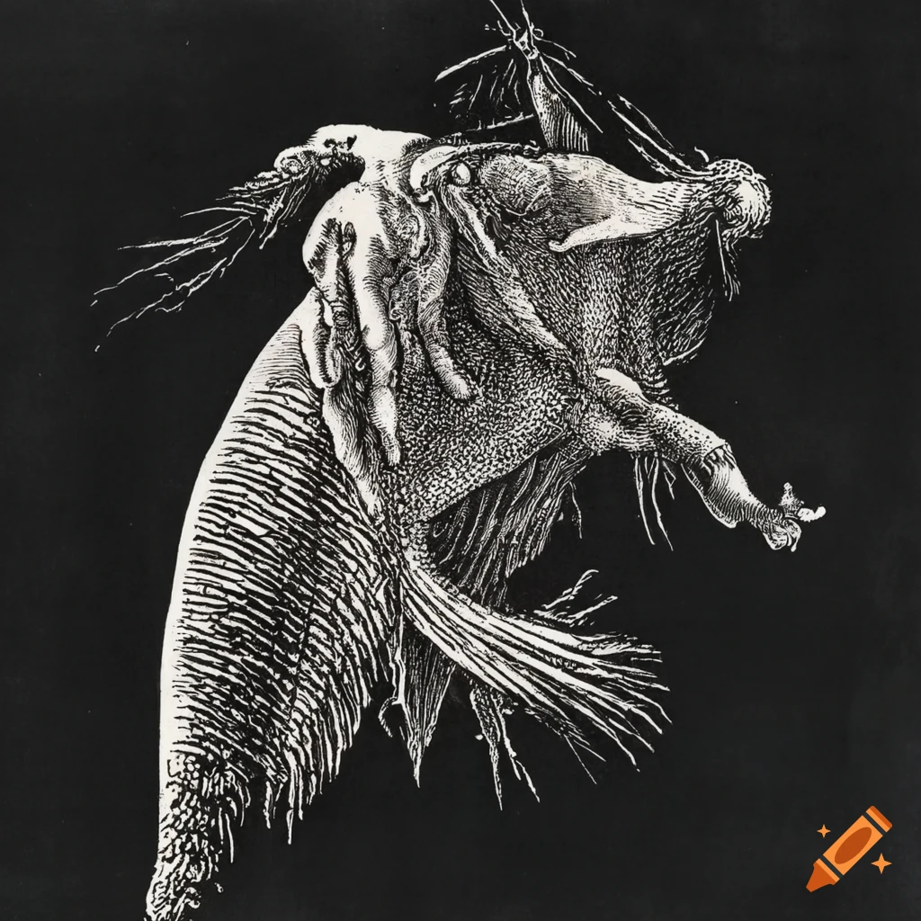 Human-like sea slugs flying in the sky in 15th-century style