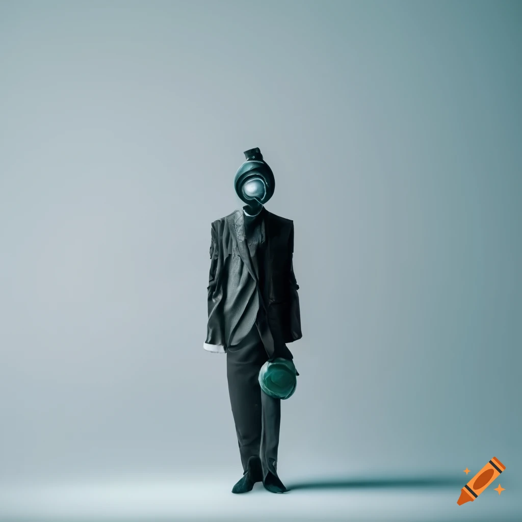 Polystyrene model in a suit and gas mask on a white background