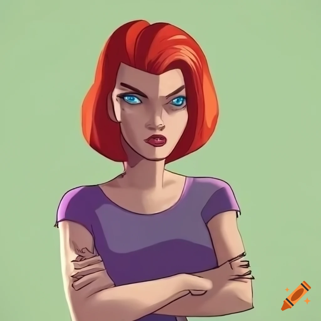 Barbara from Batman animated series in dark gray sleeveless shirt and purple skirt