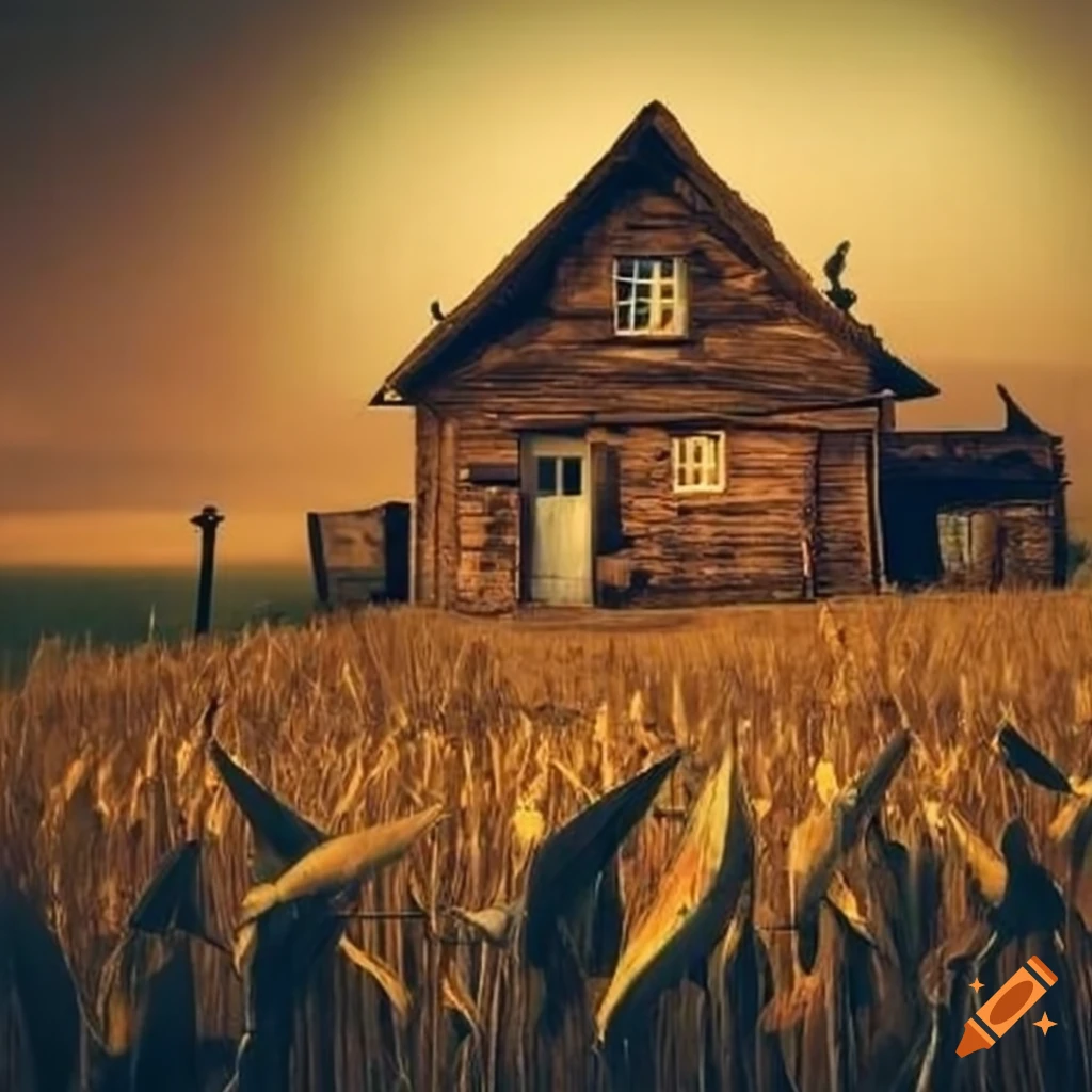 Cottage surrounded by cornfields with a scarecrow