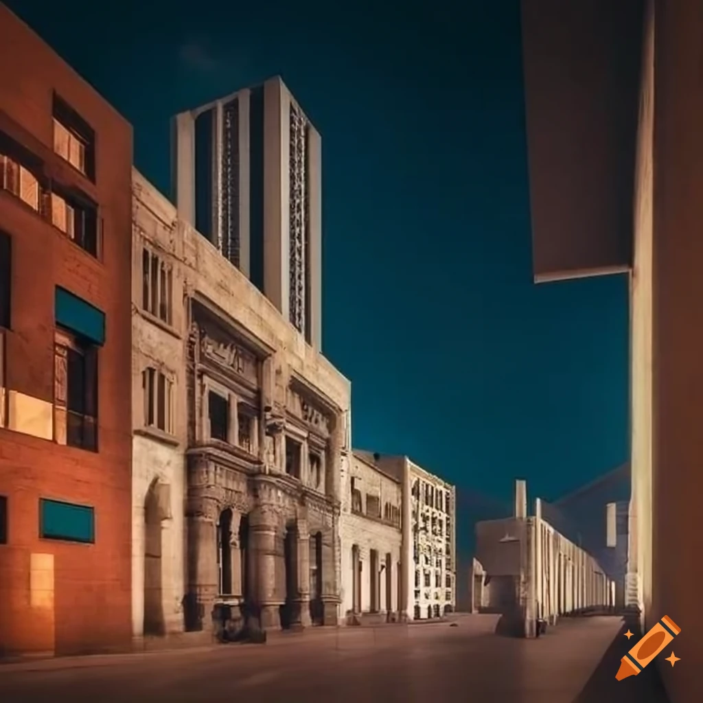 City inspired by Pueblo Libre, Ica, and Lince with modern buildings, neon signs, brutalist and art deco architecture