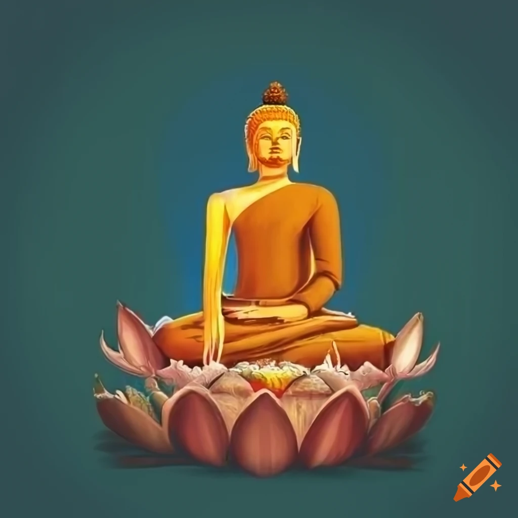 Vesak card featuring lotus flower, Bodhi tree, Buddha statue, and stupa