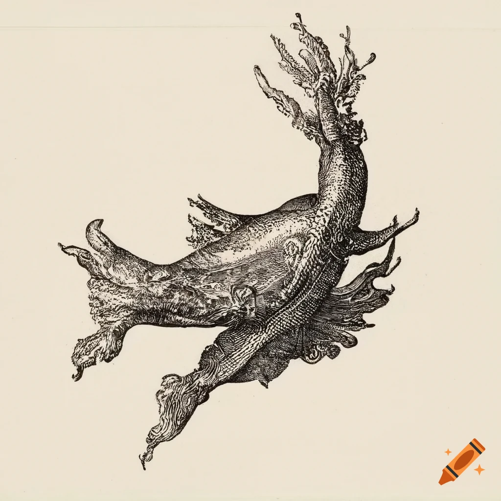 Human-like sea slugs floating in the sky in 15th-century style engraving