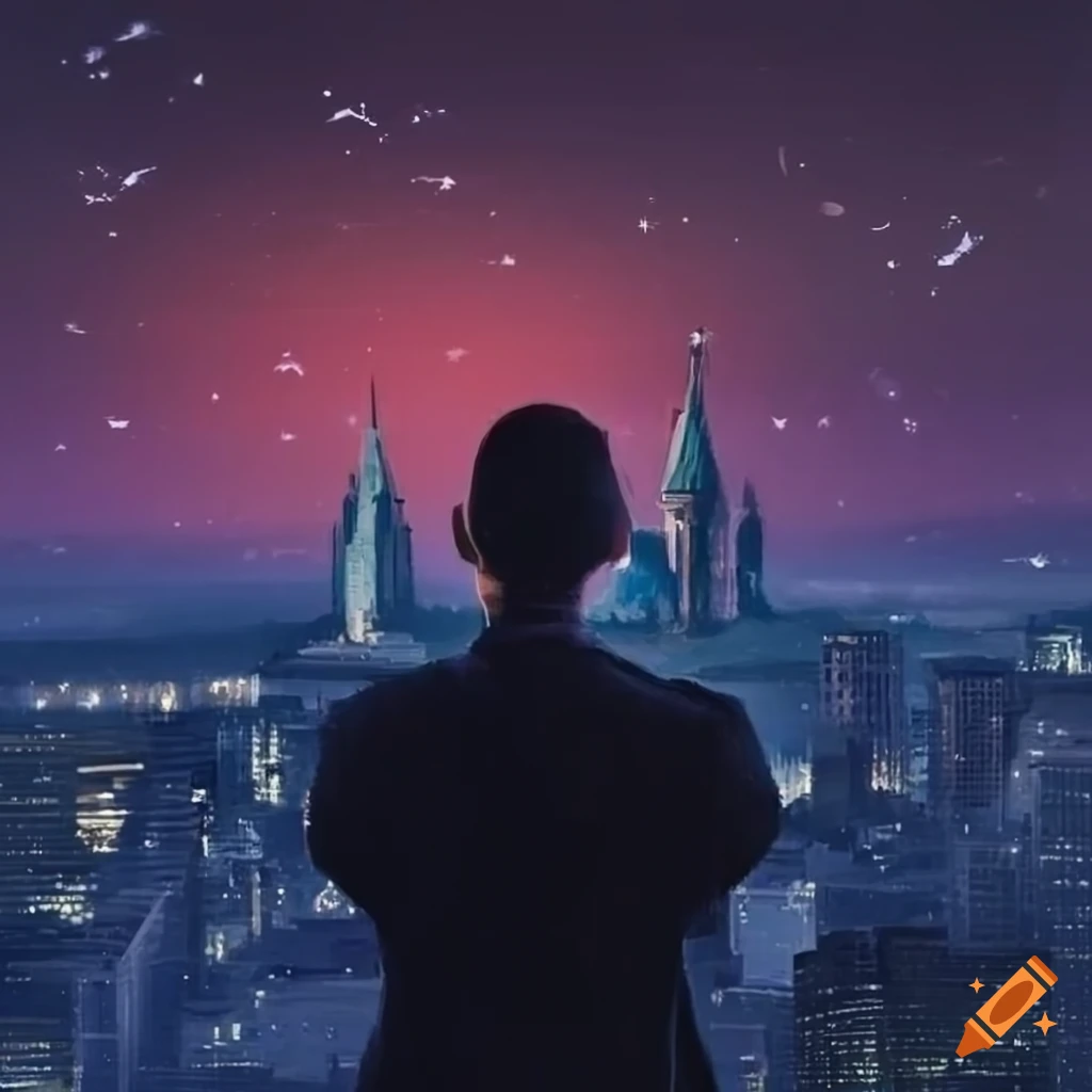Man overlooking Ottawa skyline at dusk with starry sky