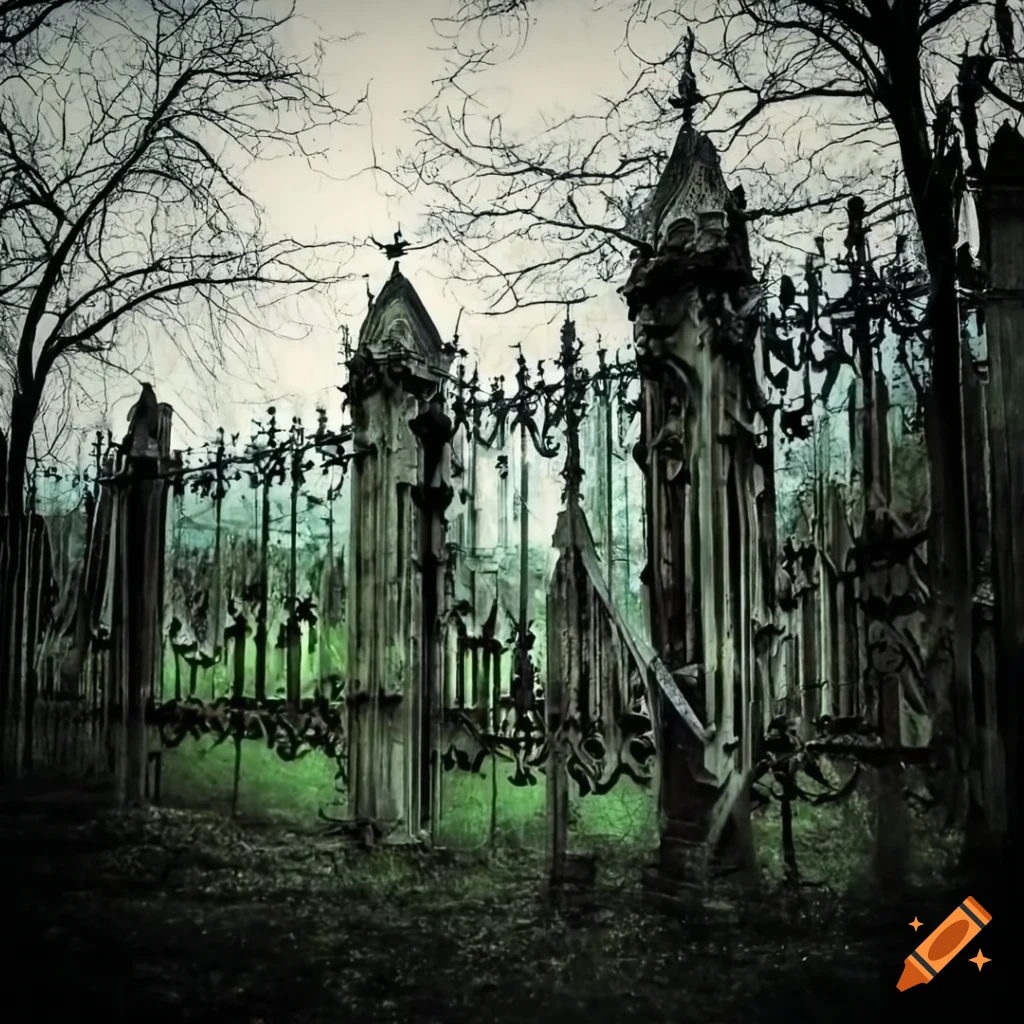 Eerie gothic cemetery with ornate metal fences and gravestones on Craiyon