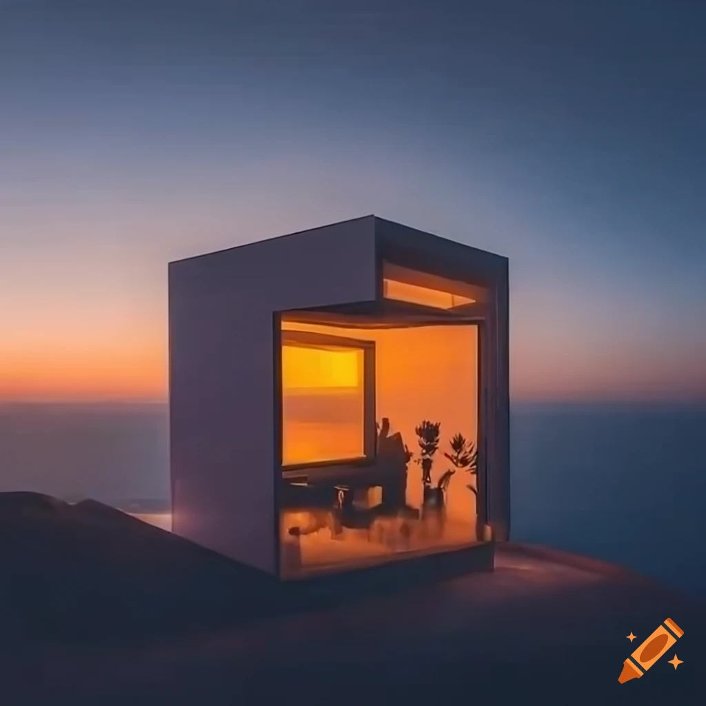 Impressive architectural wonder: modern house ascending cliff at sunset