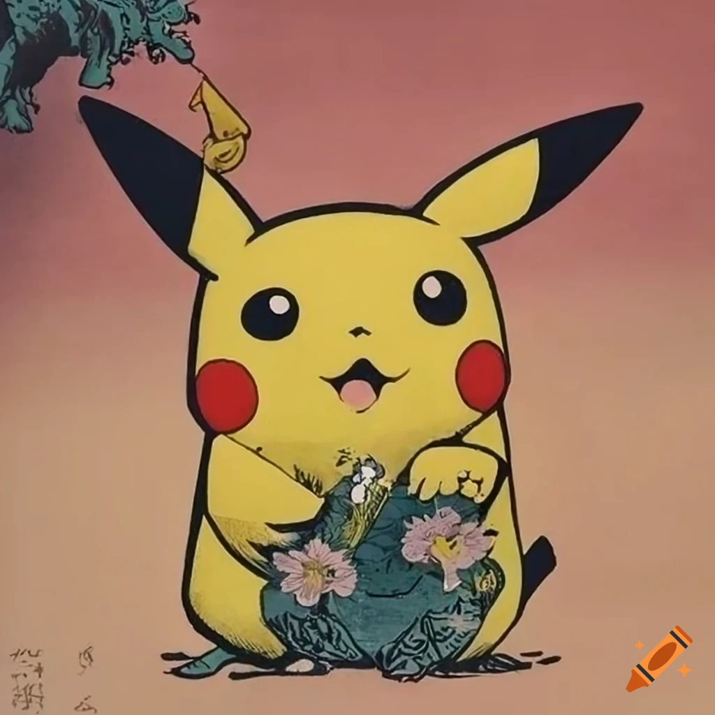 Pokemon Pikachu and floating flower heads in ukiyo-e woodblock print style