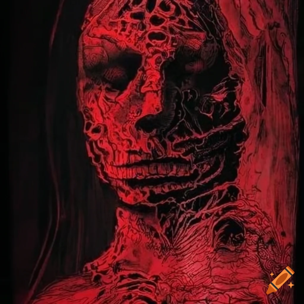 Intricate black, red, and white ink drawing of a tormented ghost filled with anxiety