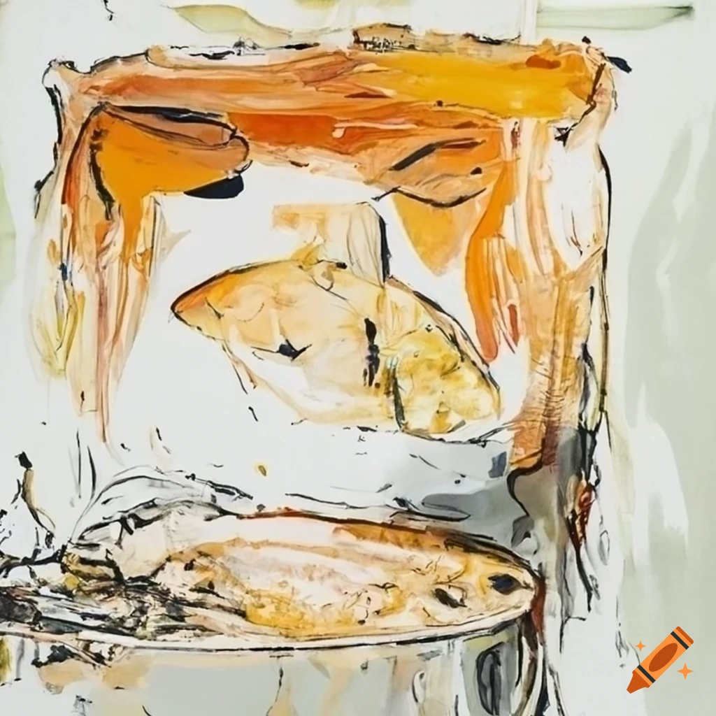 Baroque dining table with fish, beer glass, and cheese, art by Georg Baselitz