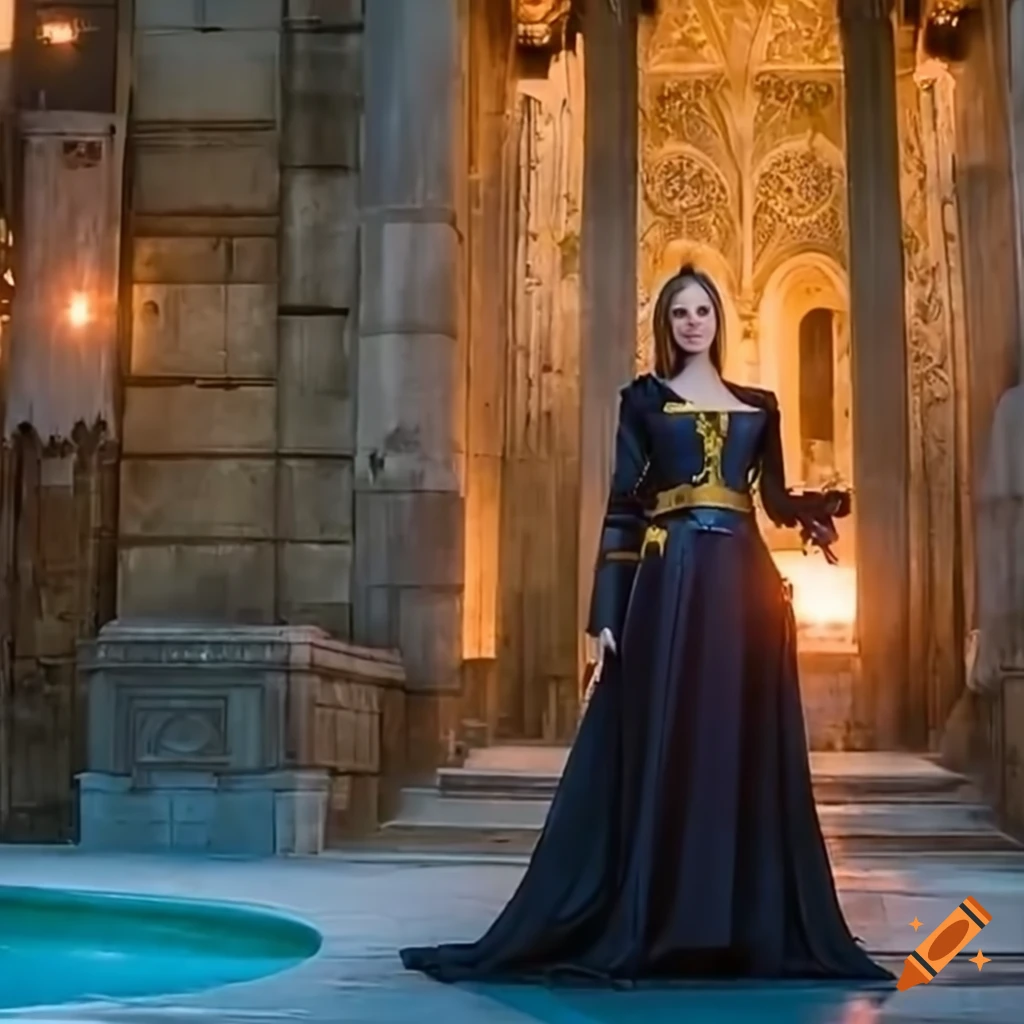 Angelina Jolie cosplaying Castlevania movie scene in wide shot