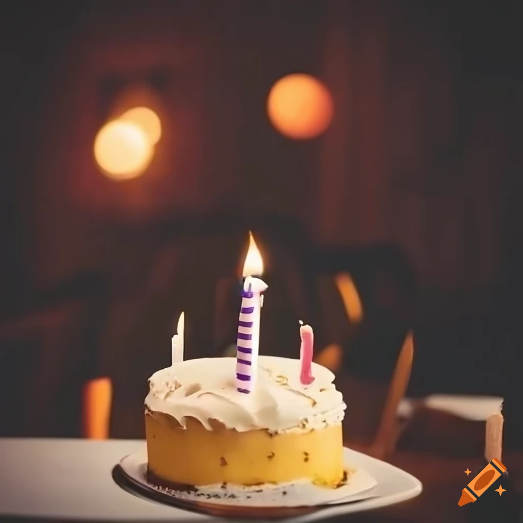 Small birthday cake with extinguished candles in a dark room