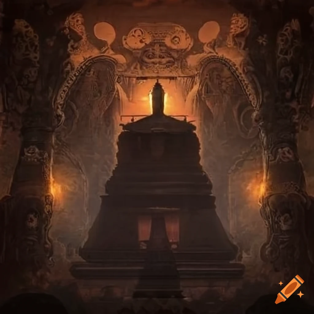 Mysterious temple shrouded in mist with esoteric symbols